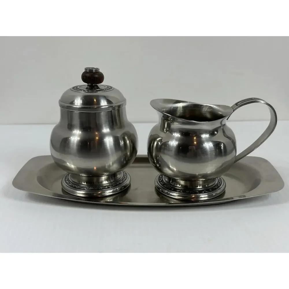 Oneida‎ Custom 18/8 Stainless Steel Cream Sugar Set with Tray With Black Inlay